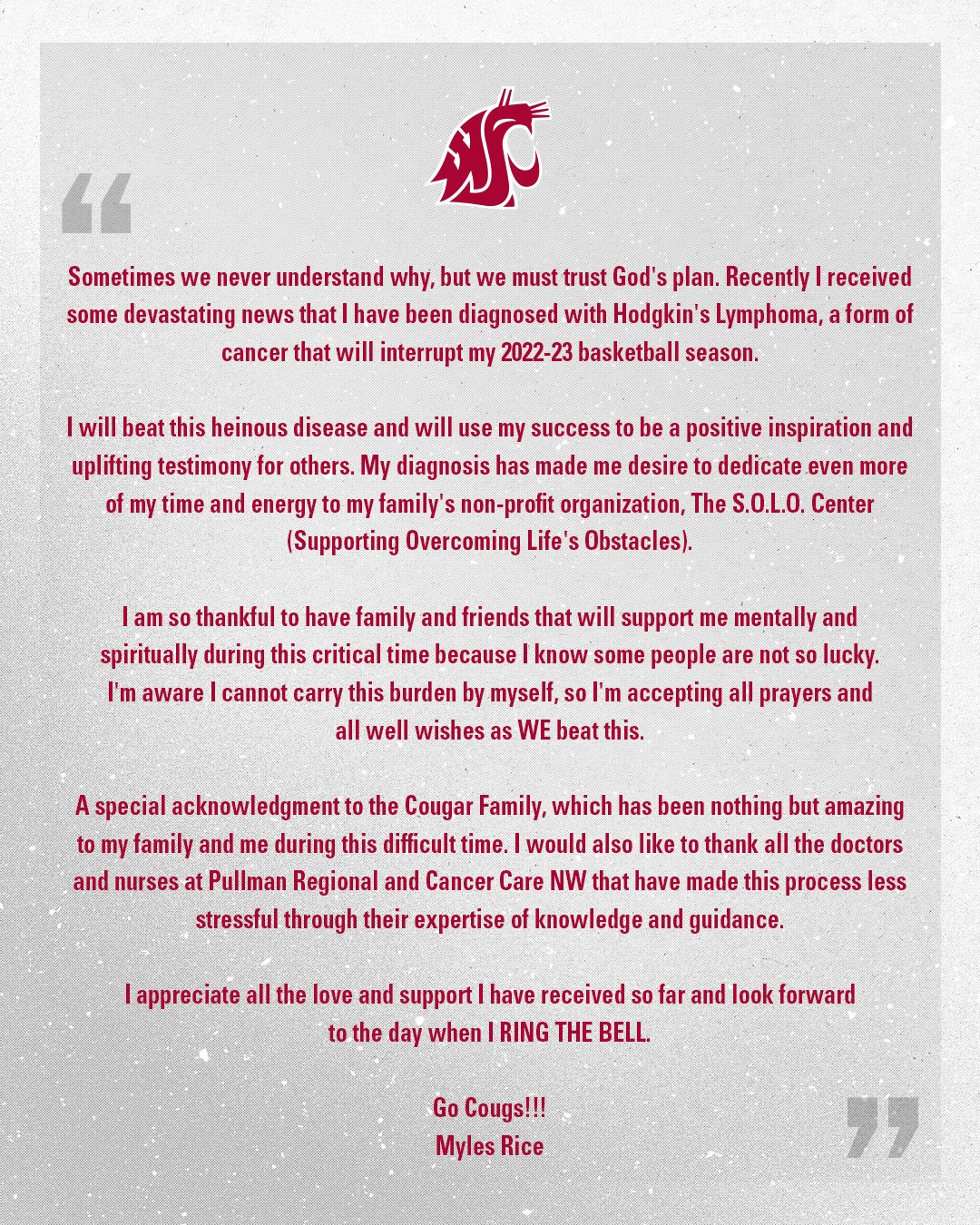 WSU men's basketball player Myles Rice sees bigger purpose in battle with cancer: uplifti